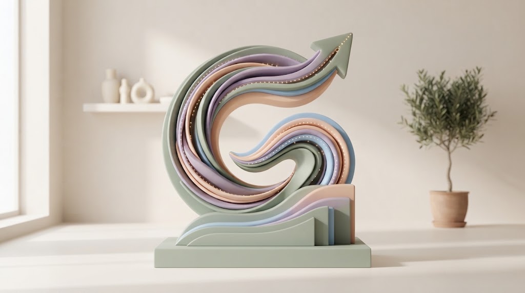Illustration de marque Growthline : une flèche de croissance sculptée, aux couleurs du logo.