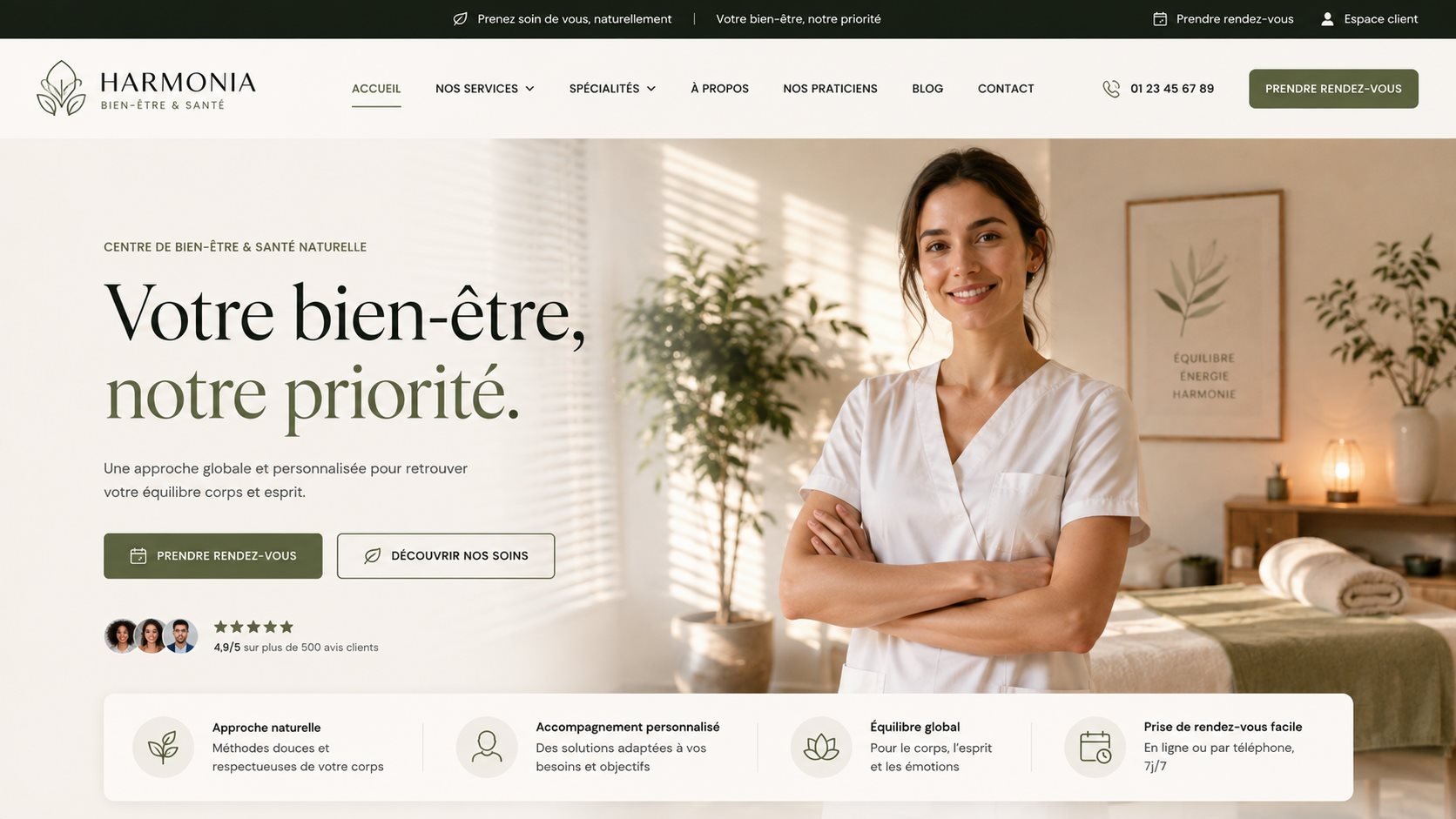 Exemple illustratif de style de site pour un cabinet de santé ou bien-être